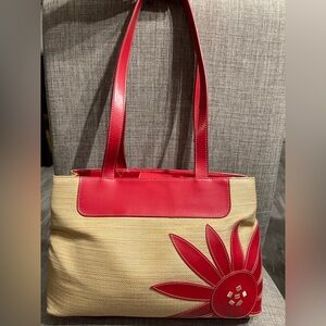 Liz Claiborne Red and Tan Floral Tote